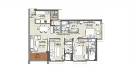 3 BHK floor plan, 1319 Sq.Ft. carpet area
